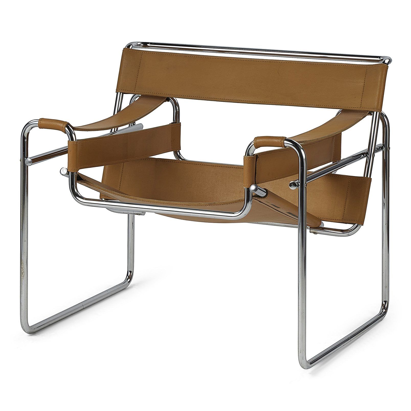 Iconic modernist lounge chair with tubular steel frame and leather sling seat. Iconic modernist lounge chair with tubular steel frame and leather sling seat.